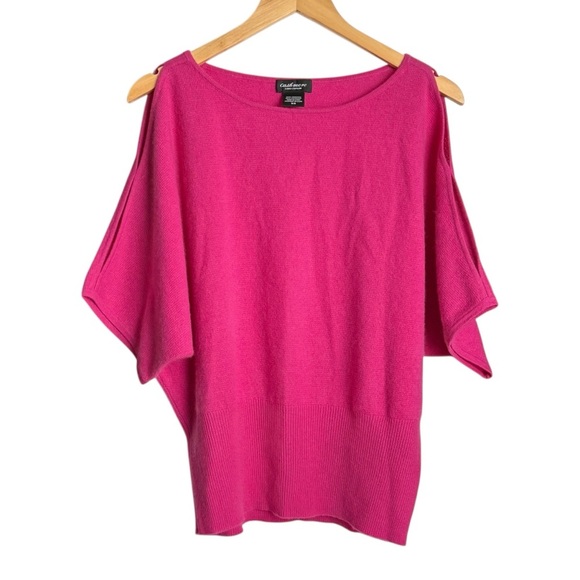 Lord & Taylor Hot Pink Cashmere Sweater Womens Medium Cold Shoulder Short Sleeve - Picture 1 of 5